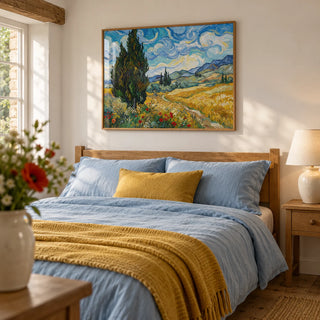 Nature Poster, framed on the wall of a restful main bedroom in a UK cottage with chalk white walls and exposed wooden floorboards