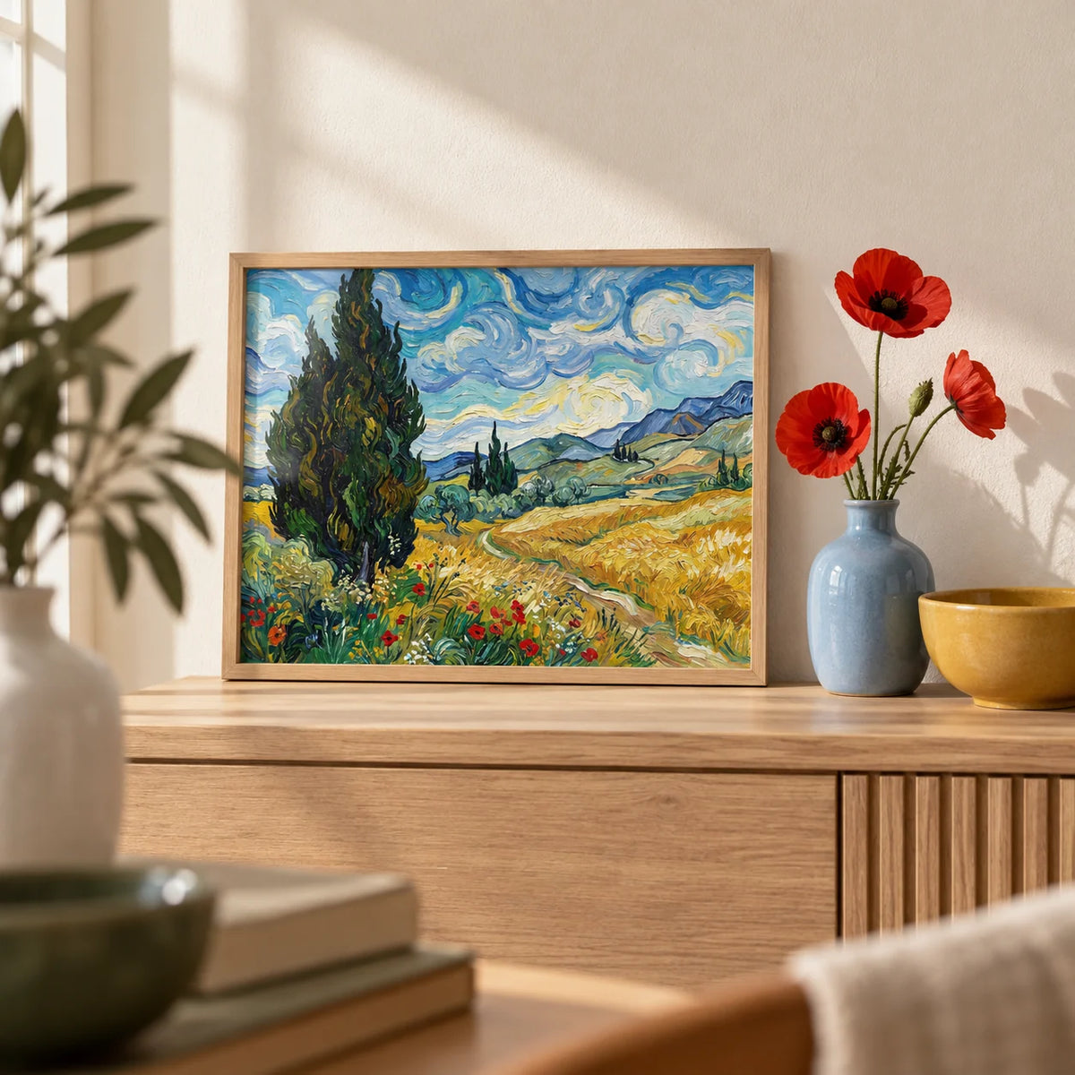 Nature Poster, a small A4 framed print leaning on a pale oak side table in a hallway