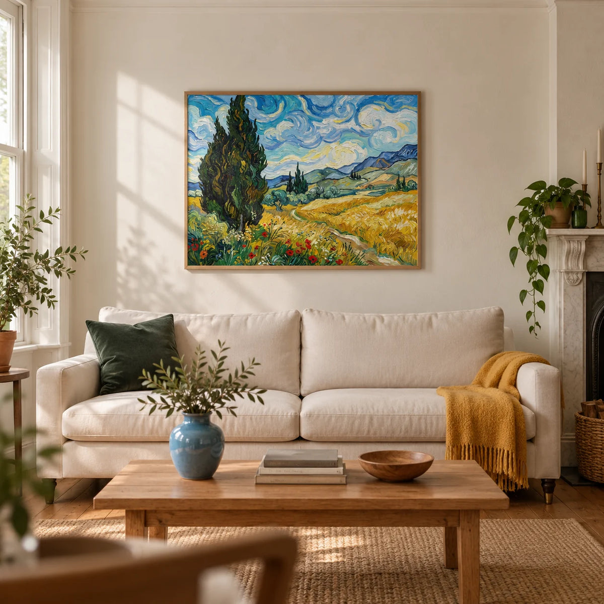 Nature Poster, framed on the wall of a warm living room in a UK Victorian terrace with soft ivory plaster walls and oak floorboards