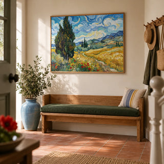 Nature Poster, framed on the wall of a welcoming hallway in a UK country townhouse with warm white walls and a plain terracotta floor