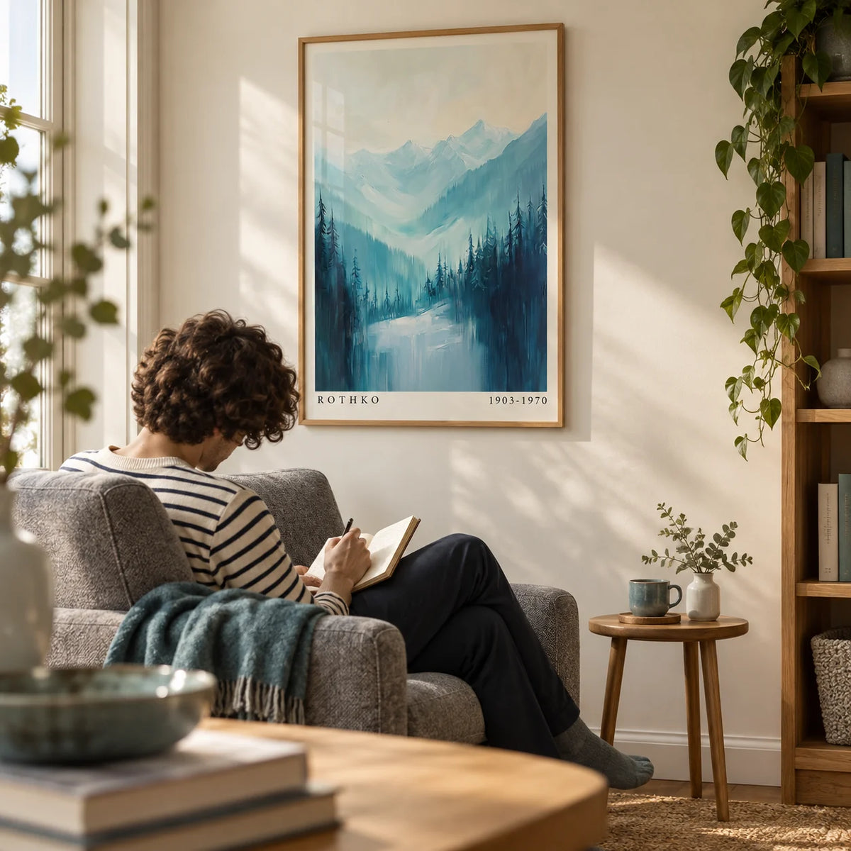 Nature Print, framed on the wall of a peaceful reading corner with a warm white wall in a living room