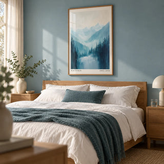 Nature Print, framed on the wall of a serene bedroom with a misty blue wall