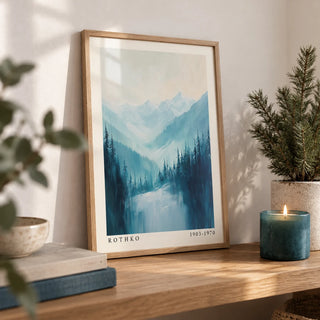 Nature Print, a small A4 framed print leaning on an oak shelf in a living room