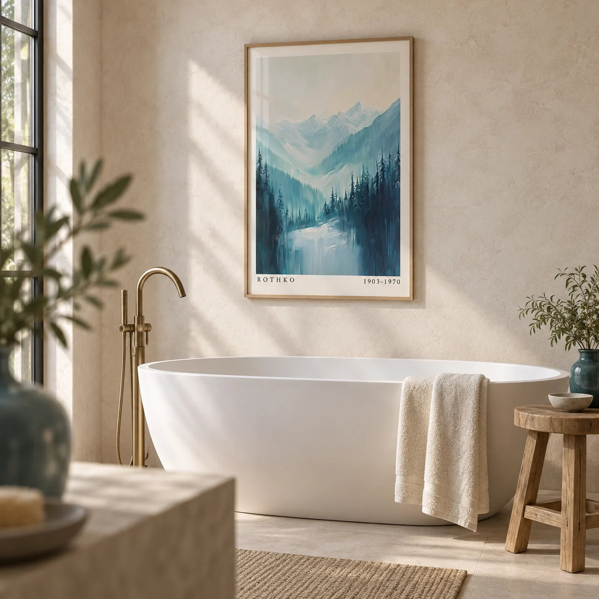 Nature Print, framed on the wall of a spa-like bathroom with a pale stone wall
