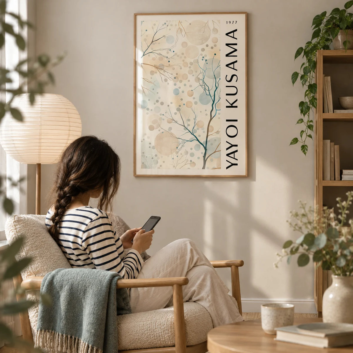 Nature Prints, framed on the wall of a calm reading corner with a soft greige wall in a living room