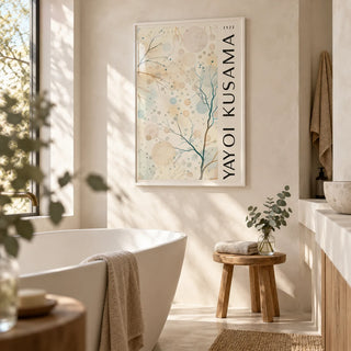 Nature Prints, framed on the wall of a calm spa-like bathroom with warm white microcement walls