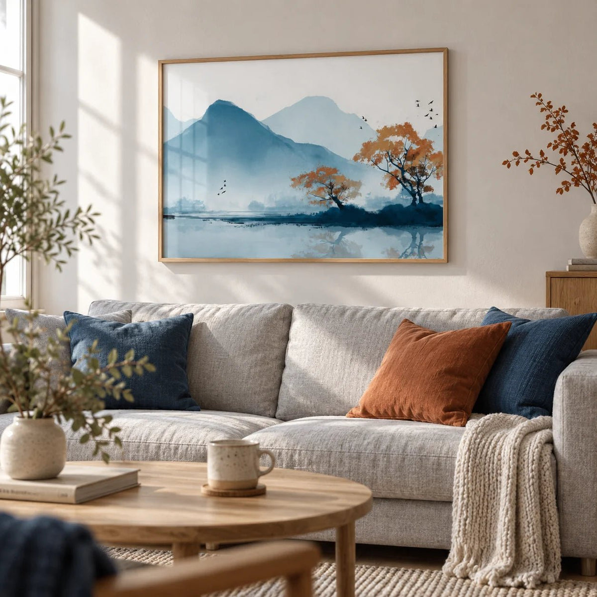 Nature Wall Art Print, framed on the wall of a calm Scandinavian living room
