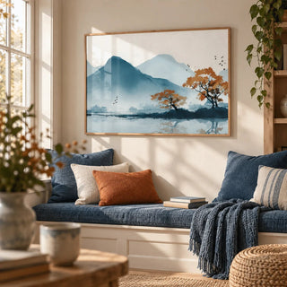 Nature Wall Art Print, framed on the wall of a cosy reading nook by a window in a living room