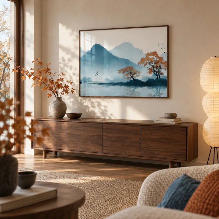Nature Wall Art Print, framed on the wall of a Japandi living room
