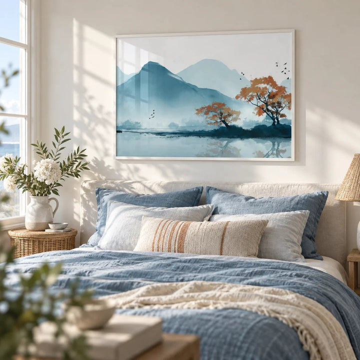 Nature Wall Art Print, framed on the wall of a light coastal bedroom