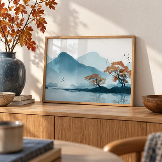 Nature Wall Art Print, a small A4 framed print leaning on an oak sideboard in a living room