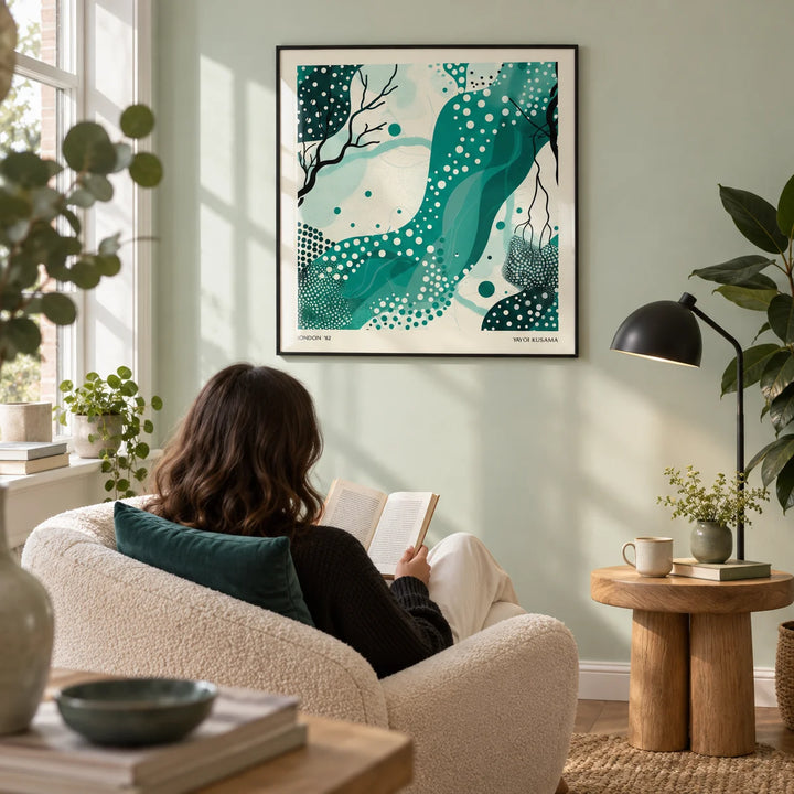 Nature Wall Art, framed on the wall of a quiet reading corner in a design-led UK home with a pale mint wall in a living room