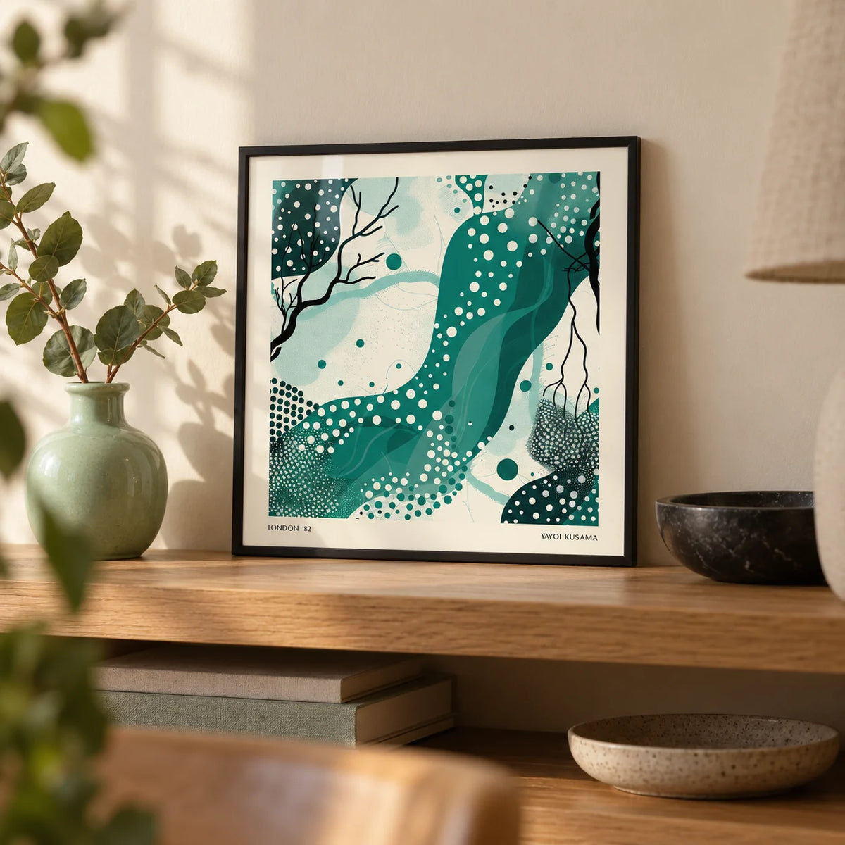 Nature Wall Art, a small A4 framed print leaning on an oak shelf in a living room