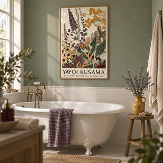 Nature Wall Poster, framed on the wall of a calm bathroom with a sage green painted wall and white plain tiles below
