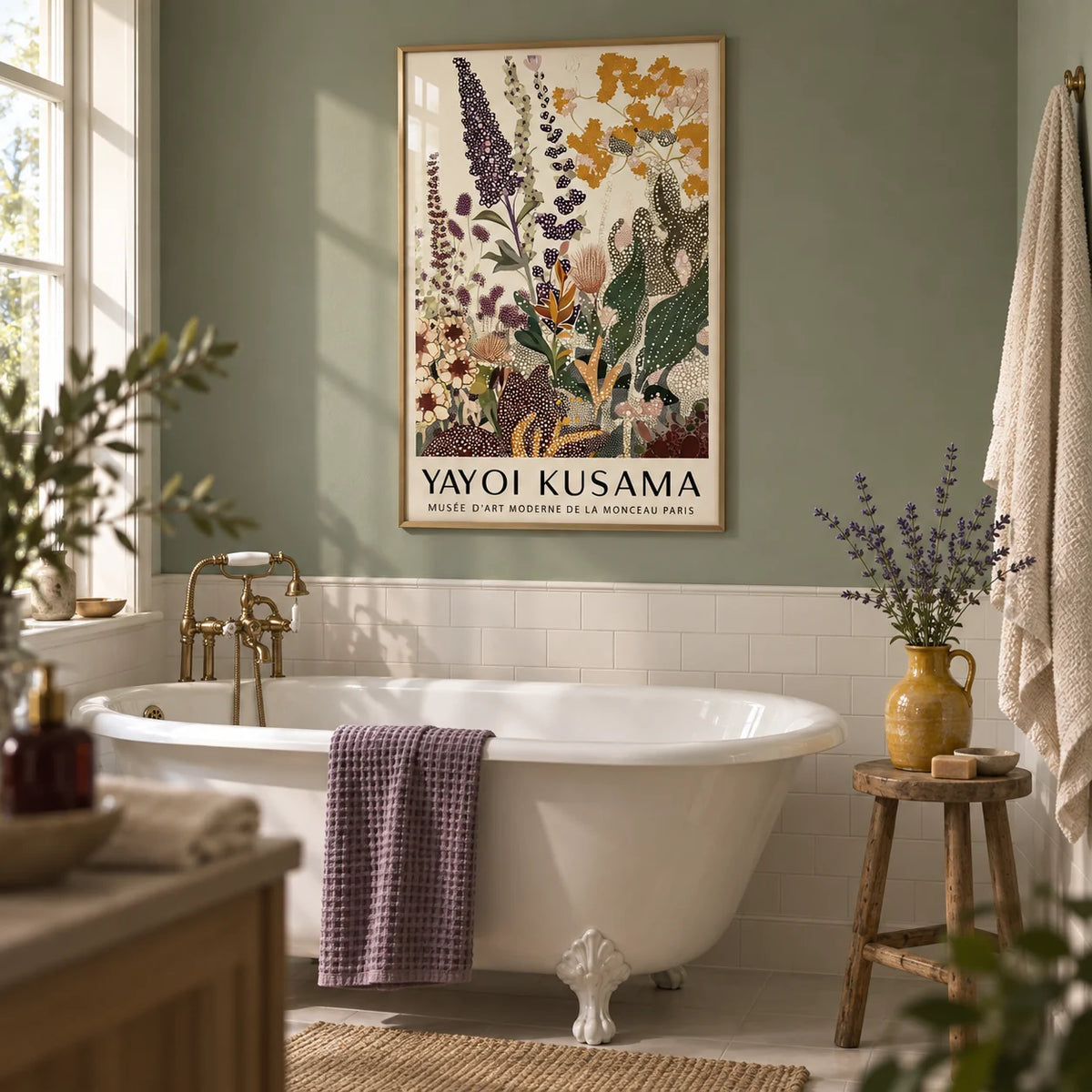 Nature Wall Poster, framed on the wall of a calm bathroom with a sage green painted wall and white plain tiles below