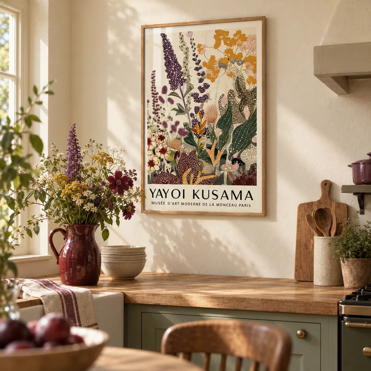 Nature Wall Poster, framed on the wall of a cosy cottage kitchen with cream walls