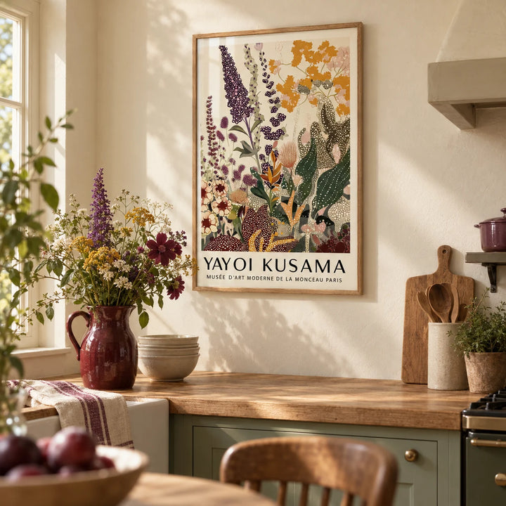 Nature Wall Poster, framed on the wall of a cosy cottage kitchen with cream walls
