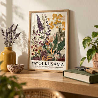 Nature Wall Poster, a small A4 framed print leaning on an oak shelf in a living room