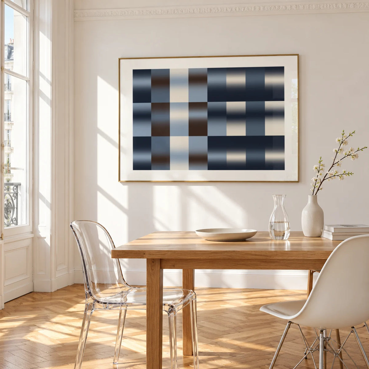 Navy Abstract Wall Art, framed on the wall of a bright dining corner