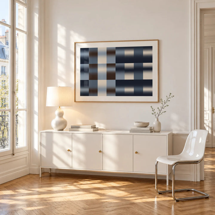 Navy Abstract Wall Art, framed on the wall of a bright Paris style apartment in a living room