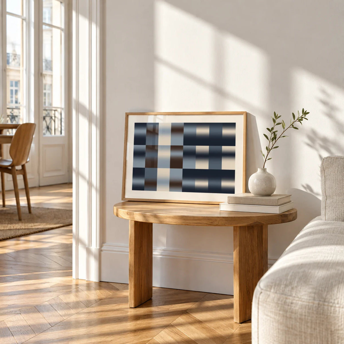 Navy Abstract Wall Art, a small A4 framed print leaning on a small solid oak side table