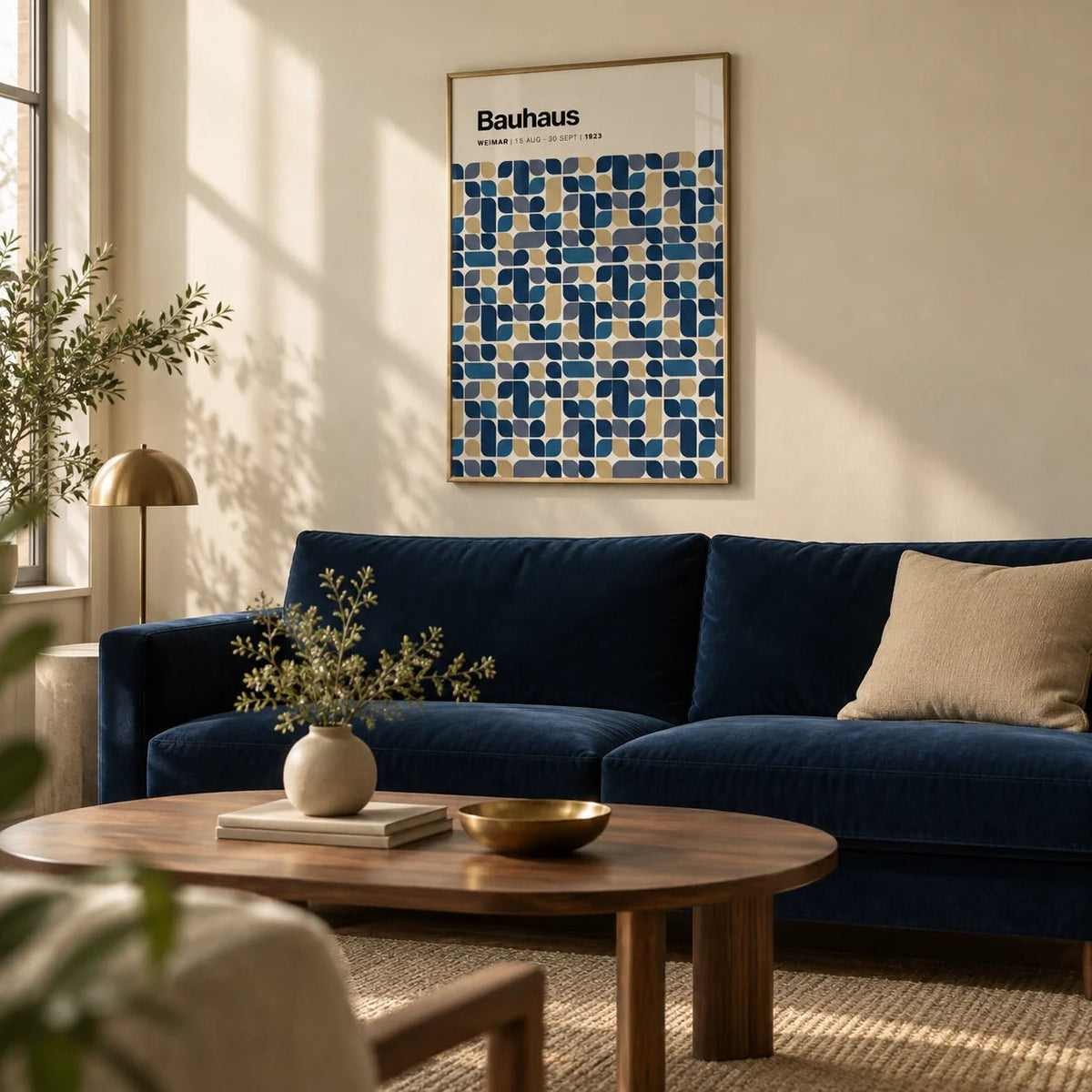 Navy and Gold Wall Art, framed on the wall of a design-led living room with warm cream plaster walls