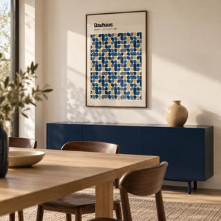 Navy and Gold Wall Art, framed on the wall of a modern dining room
