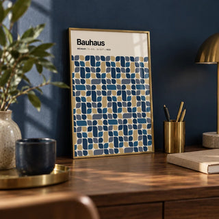 Navy and Gold Wall Art, a small A4 framed print leaning on a walnut desk