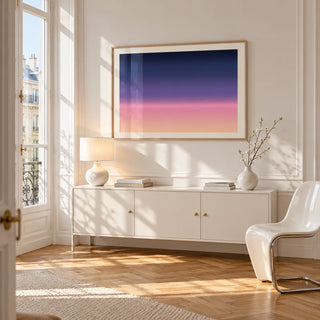 Navy and Pink Wall Art, framed on the wall of a bright Paris style apartment in a living room