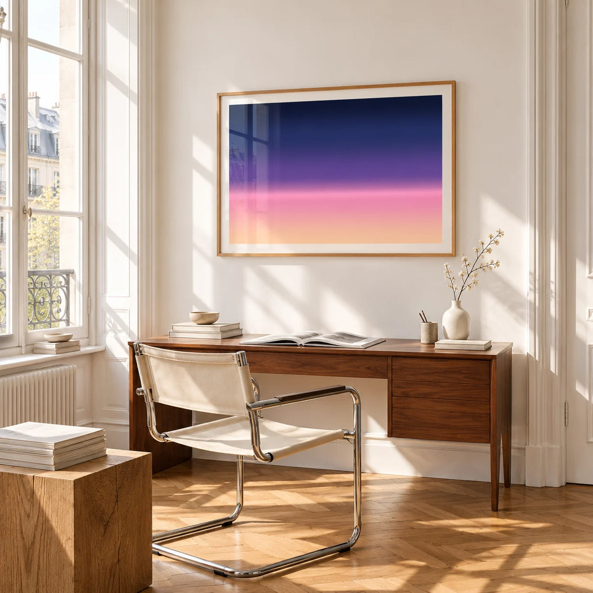 Navy and Pink Wall Art, framed on the wall of a bright study corner with a tall white paned window