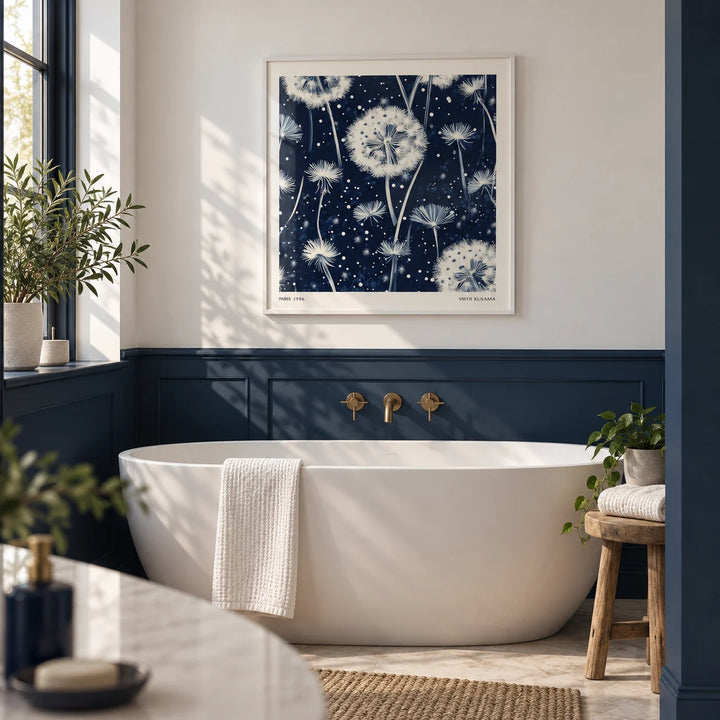 Navy and White Wall Art, framed on the wall of a calm bathroom with plain navy blue painted walls below a white upper wall