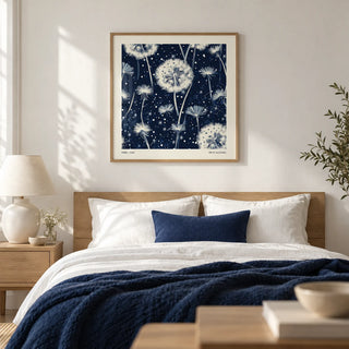 Navy and White Wall Art, framed on the wall of a calm bedroom with a soft white wall