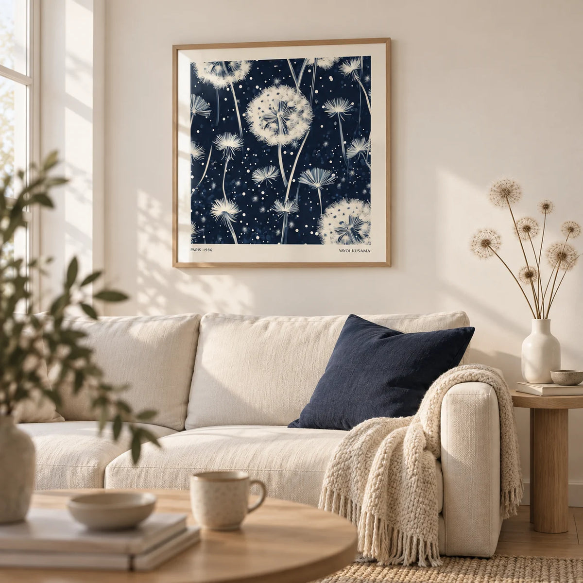 Navy and White Wall Art, framed on the wall of a calm Scandi living room with a warm white wall