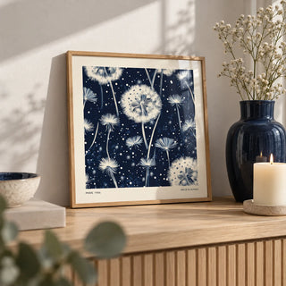 Navy and White Wall Art, a small A4 framed print leaning on a pale oak shelf in a living room