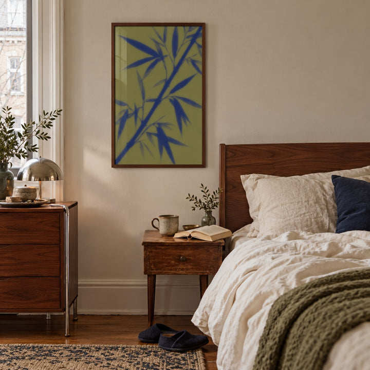 Navy Bamboo Print styled in a bedroom (frame not included)