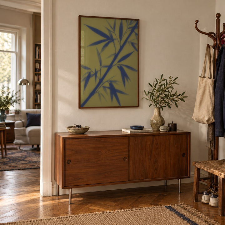 Navy Bamboo Print styled in a hallway (frame not included)