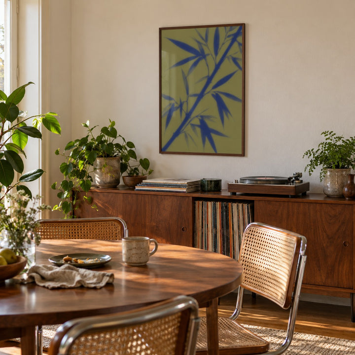 Navy Bamboo Print styled in a dining room (frame not included)