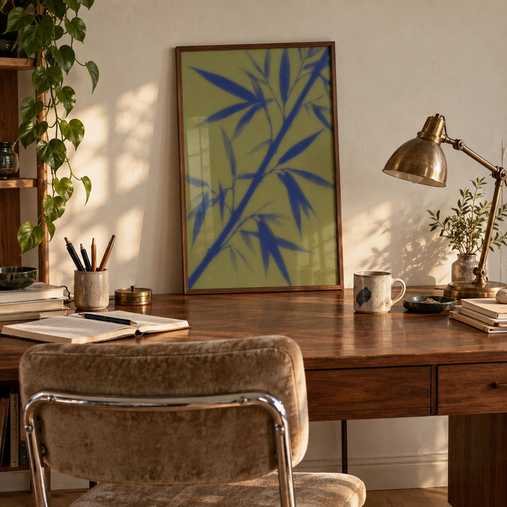 Navy Bamboo Print styled in a home office (frame not included)