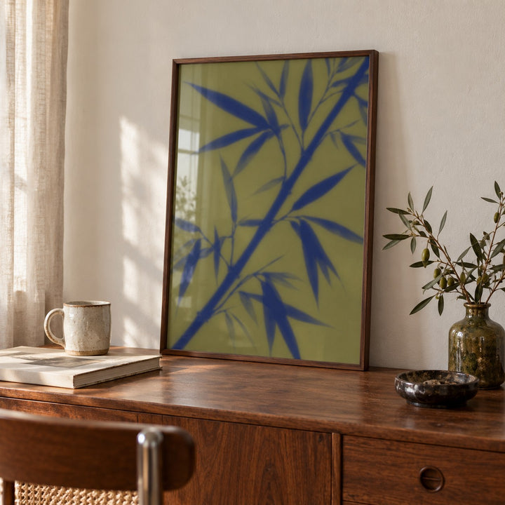 Navy Bamboo Print shown close up on a sideboard (frame not included)