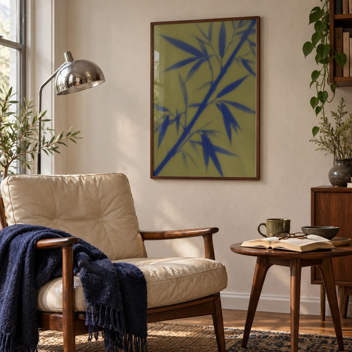 Navy Bamboo Print styled in a reading corner (frame not included)