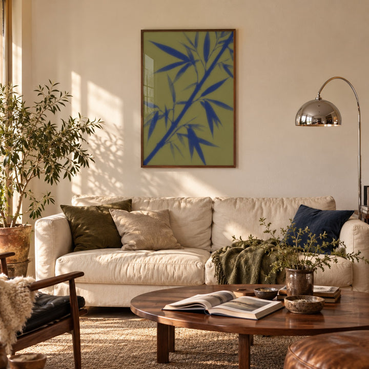 Navy Bamboo Print styled in a living room (frame not included)