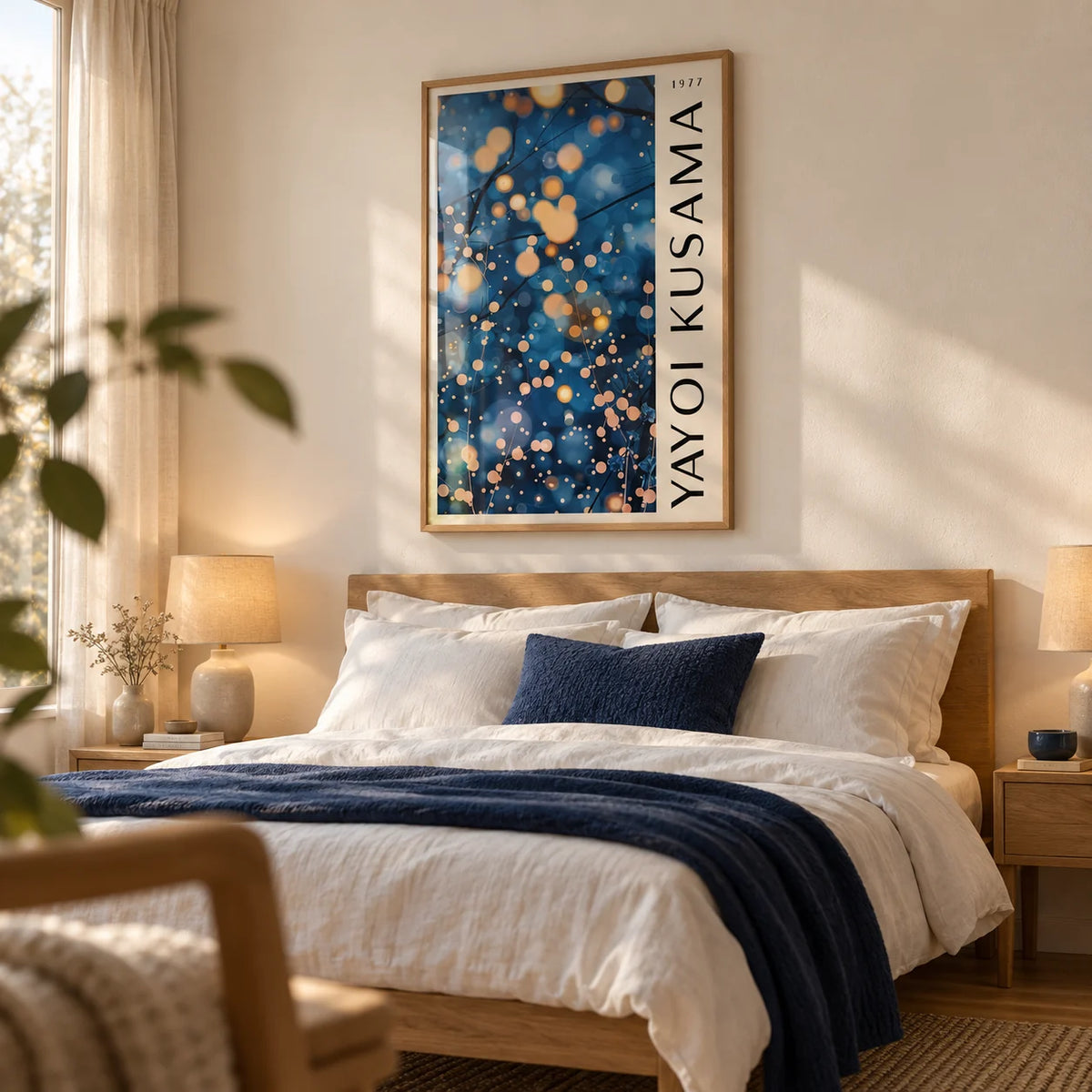 Navy Blue Wall Art for Living Room, framed on the wall of a calm bedroom with a soft cream wall
