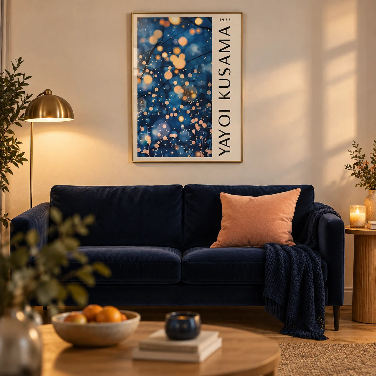 Navy Blue Wall Art for Living Room, framed on the wall of a cosy modern living room in the evening with a warm white wall and an oak floor