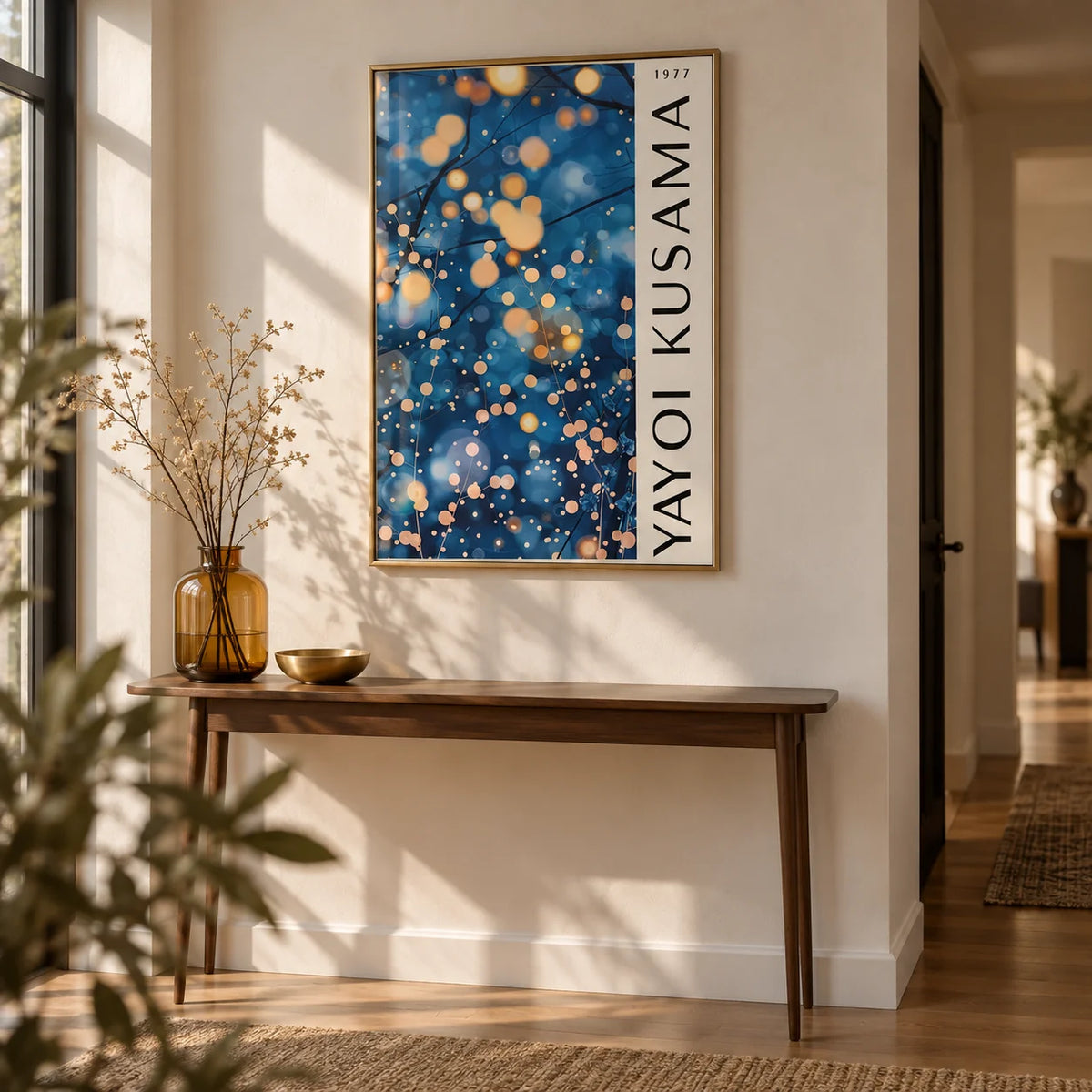 Navy Blue Wall Art for Living Room, framed on the wall of a modern hallway with a warm white wall