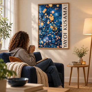 Navy Blue Wall Art for Living Room, framed on the wall of a quiet reading nook with a warm cream wall