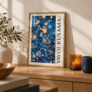 Navy Blue Wall Art for Living Room, a small A4 framed print leaning on an oak shelf