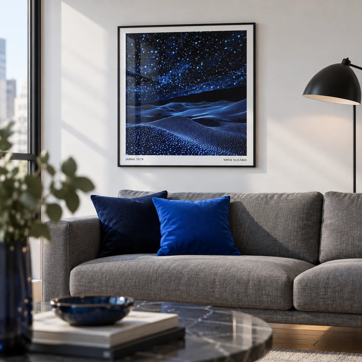 Navy Blue Artwork, framed on the wall of a modern city flat living room with a white wall