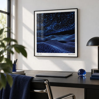 Navy Blue Artwork, framed on the wall of a modern home office with a white wall