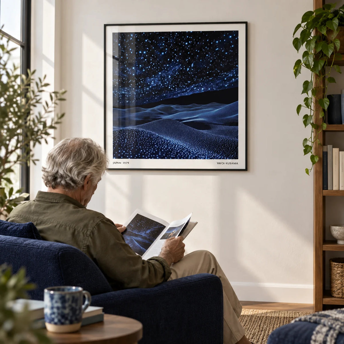 Navy Blue Artwork, framed on the wall of a quiet reading corner with a soft white wall in a living room