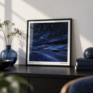 Navy Blue Artwork, a small A4 framed print leaning on a black shelf in a living room